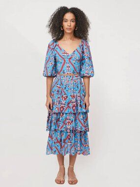 Rhode Blue Floral Tiered Maxi Lisbeth Skirt in plumeria sky 100% Cotton